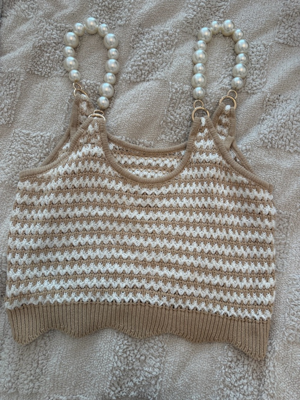 Amazon Beige and White Crochet Pearl Strap Tank Top